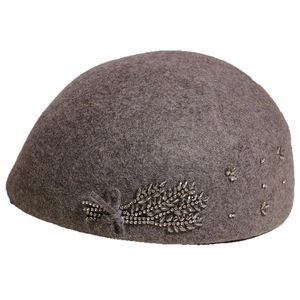 Elegant dark grey wool beret for women featuring crystal wheat patterns and bow detail