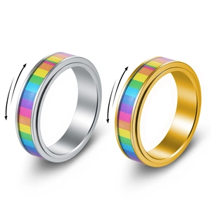 Rainbow Spinner Ring 304 Stainless Steel Rotating Decompression Stress Relief Band High Polished Jewelry For Men Women