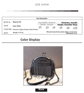 Detailed sizing chart and specifications for the black studded fringe shell bag