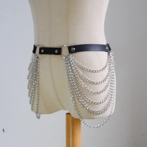 Detail of black PU leather waist belt featuring multilayer silver fringe body chains