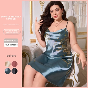 Women Plus Size Nightgown Imitation Satin Satin Sleepwear Spaghetti Strap V Neck Floral Print Loungewear Slip Dress