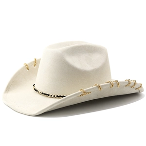 Classic white faux suede western cowboy hat with decorative gold link chain details