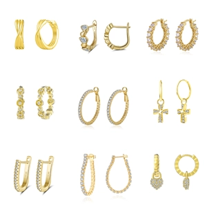 Collection of nine gold-plated S925 silver earrings with zircon in geometric shapes