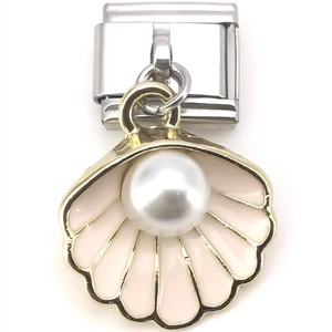 Detail of silver clasp and gold shell pendant with white pearl inlay on white base