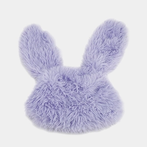 Close-up of purple long-plush rabbit ear hat showing soft texture and cute animal design