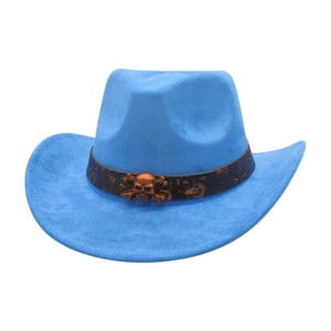 Detail of blue western cowboy hat featuring vintage leather band and skull metal ornament