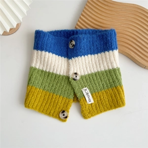 Detail of multi-color striped knitted collar with decorative buttons and fabric label