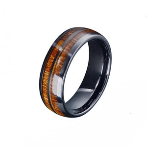 Men's titanium steel ring with vintage wood inlay and polished black finish