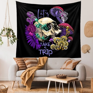 Psychedelic skeleton mushroom wall tapestry with Let's Take a Trip text for room decor