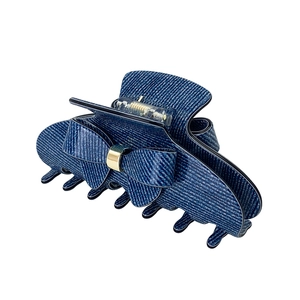 Molla per capelli in denim blu scuro con fibbia dorata e dettaglio doppio fiocco