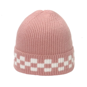 Pink rib-knit beanie featuring a trendy white checkerboard jacquard pattern for winter