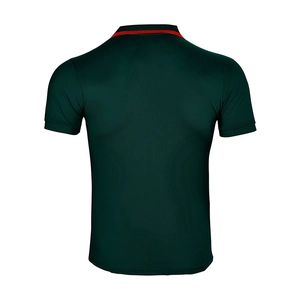 Rear view of dark green men's quick-dry polo shirt with red contrast collar trim