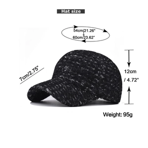 Detailed size specifications of the black and white tweed baseball cap with measurements