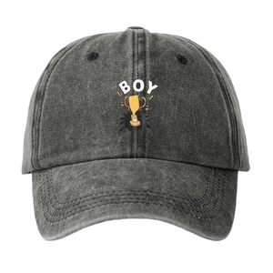 Vintage washed black cotton baseball cap with golden BOY trophy print for men and women