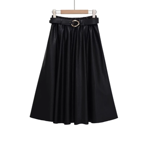 Women PU Leather A-Line Midi Skirt With Belt High Waist Elastic Solid Color Elegant Streetwear
