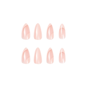 Pink almond press-on nails with white French swirl designs and glossy mirror finish