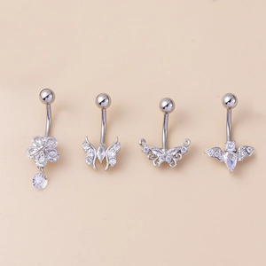 Stainless steel navel rings set with zircon butterfly, bat and flower pendants