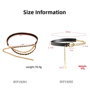 Detail view of stylish multi-layer gold chain belts with PU leather and horseshoe buckles