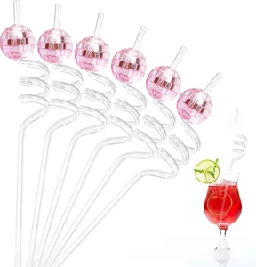 Close-up of six pink mirror disco ball straws with spiral bend design for party decor