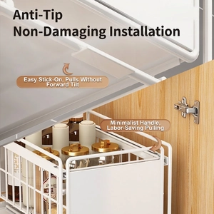 Pull-out kitchen cabinet organizer in white wire mesh for under-sink storage