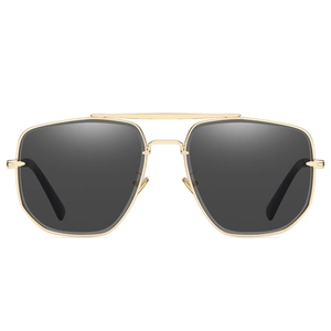 Men's double bridge geometric sunglasses with gold metal frame and dark grey lenses