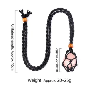 Collana a rete fatta a mano con ciondolo in quarzo rosa e cordino nero regolabile