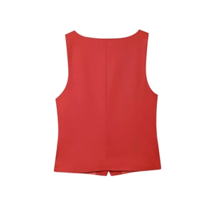 Back view of a red sleeveless buttoned vest jacket with linen-like texture on white background