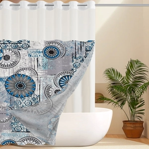 Close-up of waterproof fabric shower curtain with blue and gray geometric mandala patterns