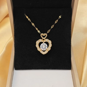 Double heart pendant necklace in gold titanium steel with sparkling crystals for women