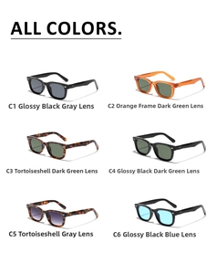 Matrix view of square vintage sunglasses in six colors including black, orange, and tortoiseshell