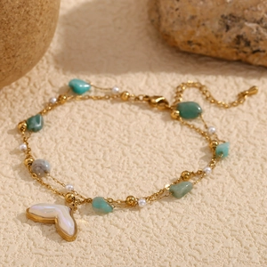 Double-layer 18K gold plated stainless steel anklet with turquoise and fish tail pendant