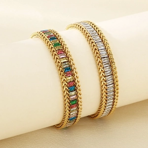 18K gold plated stainless steel bracelets with colorful and clear rectangle zircon stones