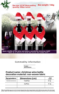 Detailed view of mini Christmas hat and scarf wine bottle decorations in non-woven fabric