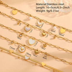Gold layered heart and pearl stainless steel bracelet with detailed length measurements
