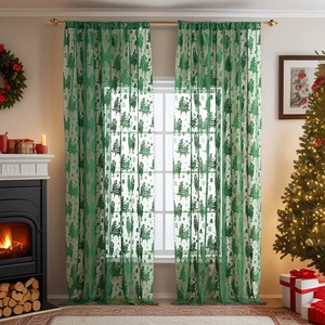 Green Christmas lace curtains with festive alpaca and tree patterns for home holiday decor