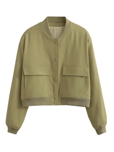 Detail of olive green bomber jacket featuring large flap pocket and ribbed collar texture