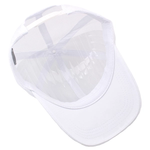 Detail view of white mesh baseball cap showing breathable fabric and plastic strap