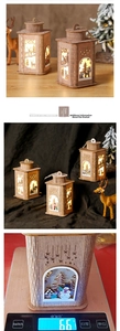 Detailed close-up of a wooden Christmas lantern with LED light and 66g weight scale