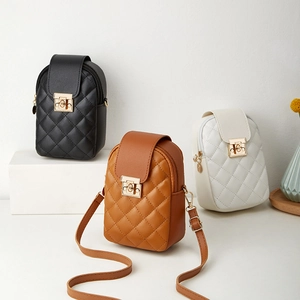 Chic quilted crossbody phone bags in black, brown, and white with elegant gold metal buckles