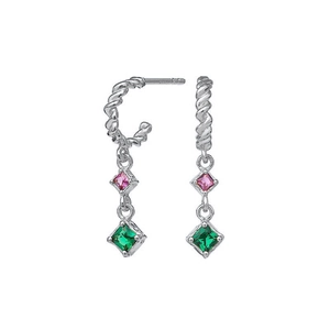 S925 silver needle drop earrings featuring square pink and green zircon stones with rope texture