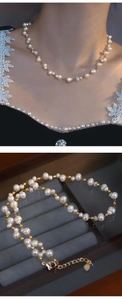 Detail view of woven freshwater pearls and gold beads on a vintage titanium necklace