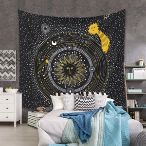 Macro detail of Bohemian sun and moon tapestry fabric with celestial patterns