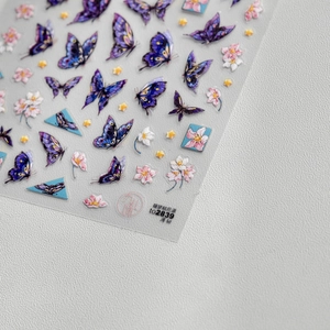 Delicate purple butterfly and pink peach blossom nail art stickers for elegant manicure