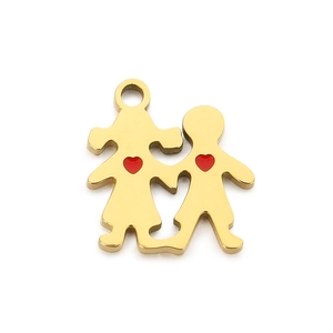 Golden stainless steel boy and girl pendants with red hearts for DIY jewelry making
