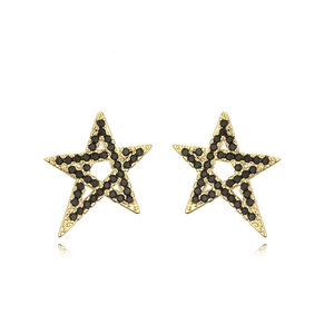 Detailed macro of 18K gold plated star earrings with black cubic zirconia inlay