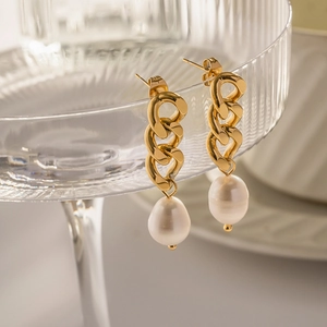 Cuban Chain Artificial Pearl Pendant Earrings Stainless Steel Gold Geometric Dangle For Women Elegant Jewelry Accessory