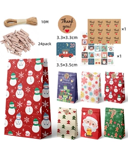 Christmas kraft paper gift bag set with snowman patterns, wooden clips and twine rope detail