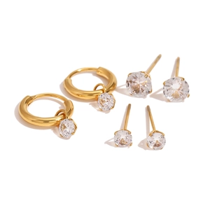Lot de 3 Paires de Boucles d'Oreilles Créoles et Puces en Acier Inoxydable Zircon pour Femmes Doré Bijoux Cadeau