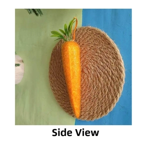 Detail view of lifelike orange Easter carrot ornaments on a rustic woven jute coaster