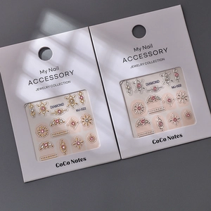 Detail of pink crystal nail charms with gold metallic frames and star shapes